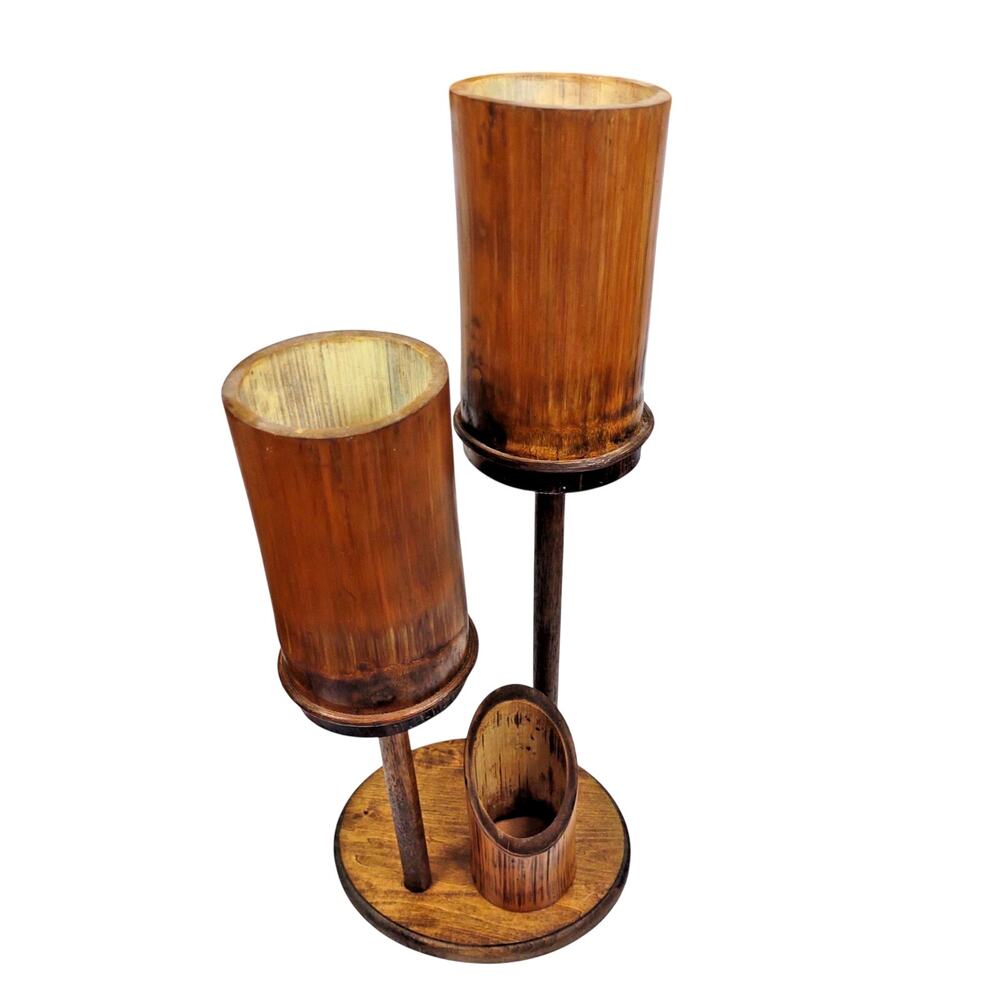 MCM Natural Bamboo Ikebana Teak Triple Candelabra Candle Holder 24" Rustic
